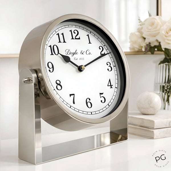Silver Plated Round Doyle & Co Colonial Mantel Clock On Stand