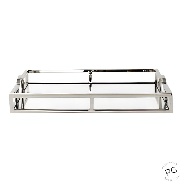 Silver Plated Rectangle Decorative Deluxe Mirror Tray with Arch Handles
