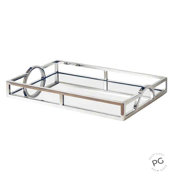 Silver Plated Rectangle Decorative Deluxe Mirror Tray with Arch Handles
