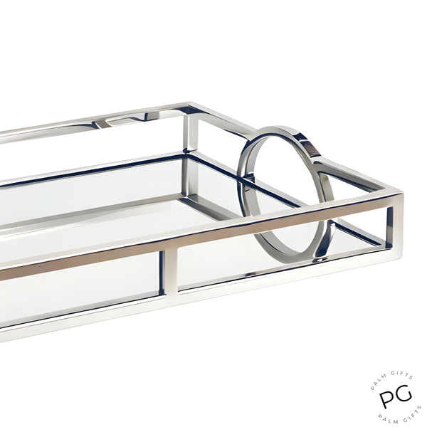 Silver Plated Rectangle Decorative Deluxe Mirror Tray with Arch Handles