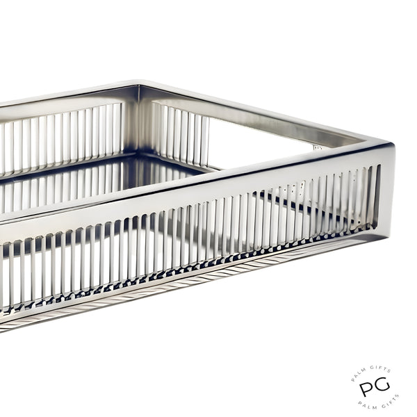 Silver Plated Rectangle Decorative Deluxe Fine Lines Vanity Mirror Tray