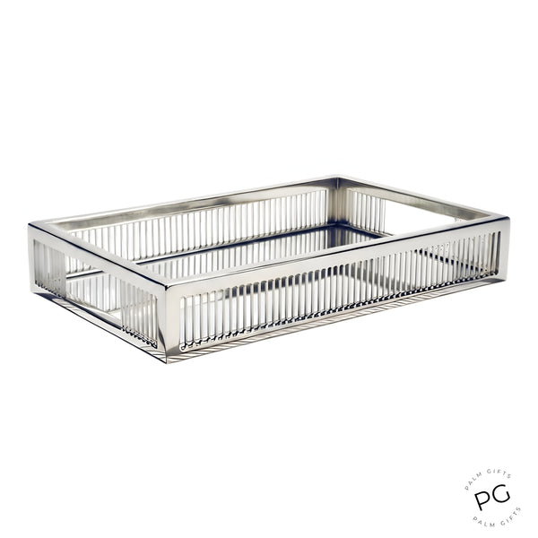Silver Plated Rectangle Decorative Deluxe Fine Lines Vanity Mirror Tray