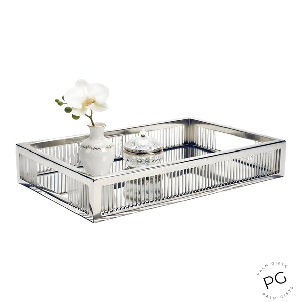 Silver Plated Rectangle Decorative Deluxe Fine Lines Vanity Mirror Tray