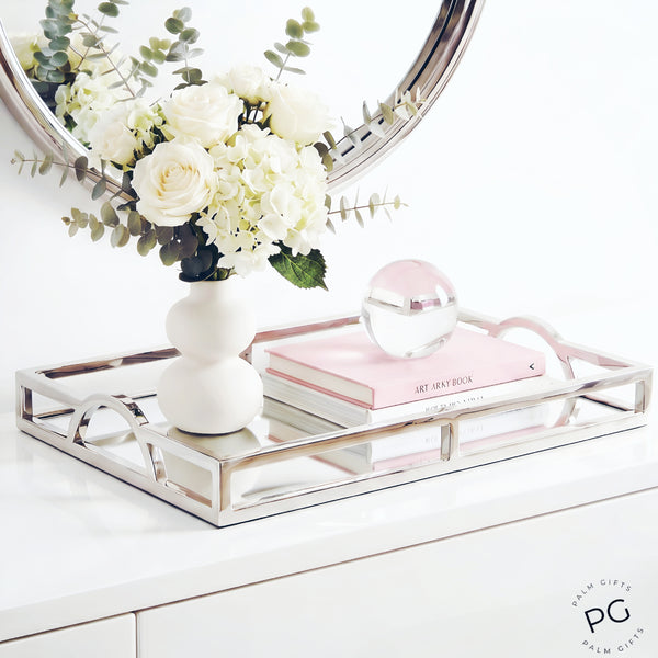 Silver Plated Rectangle Decorative Deluxe Mirror Tray with Arch Handles