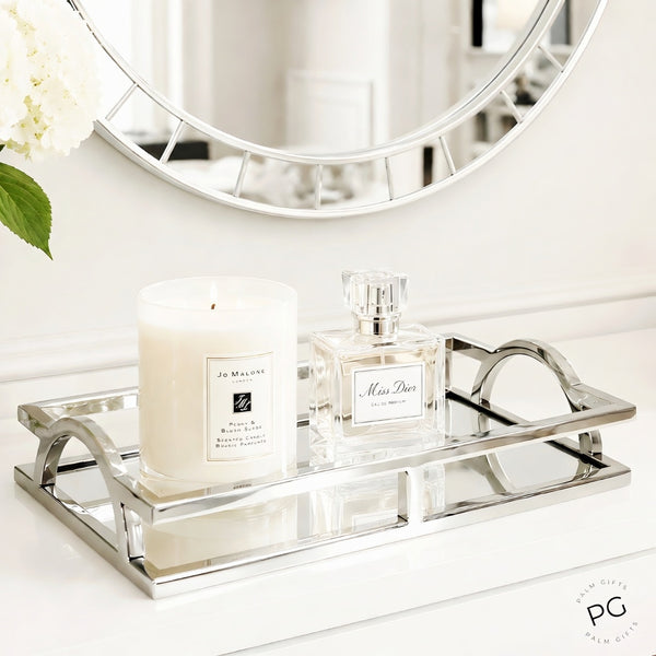 Silver Plated Rectangle Decorative Deluxe Vanity Mirror Tray with Arch Handles