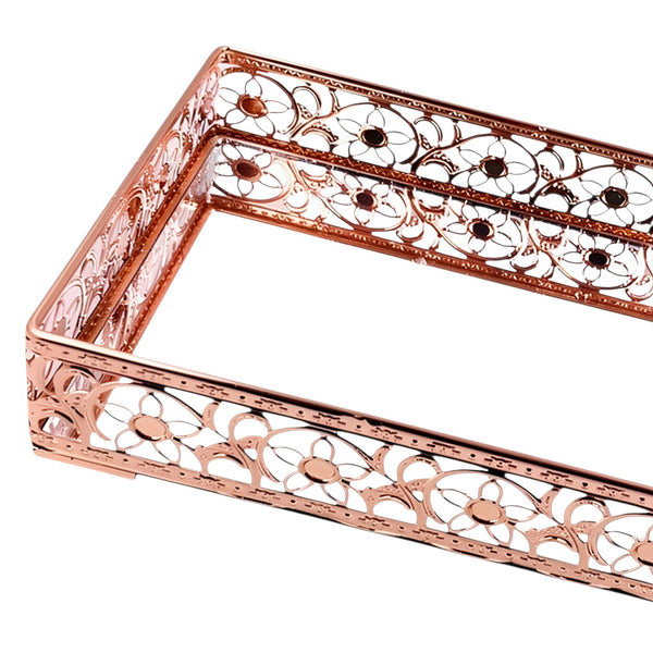 Small Rose Gold Rectangle Decorative Deluxe Ornate Vanity Mirror Tray