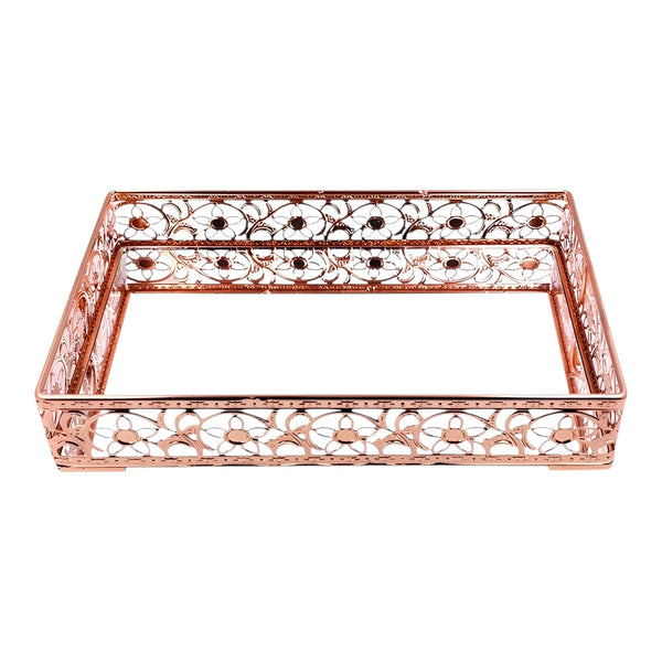 Rose Gold Rectangle Decorative Deluxe Ornate Vanity Mirror Tray