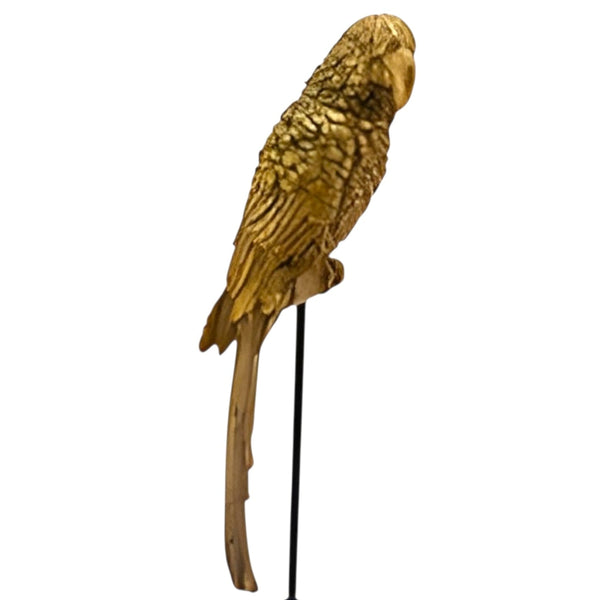 Large Antique Gold Parrot Bird Figurine Perched On Black Pedestal Stand