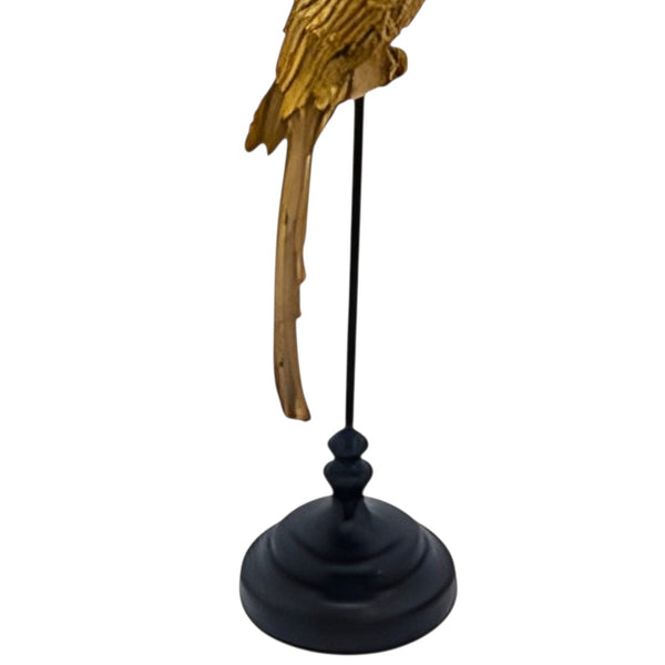 Large Antique Gold Parrot Bird Figurine Perched On Black Pedestal Stand