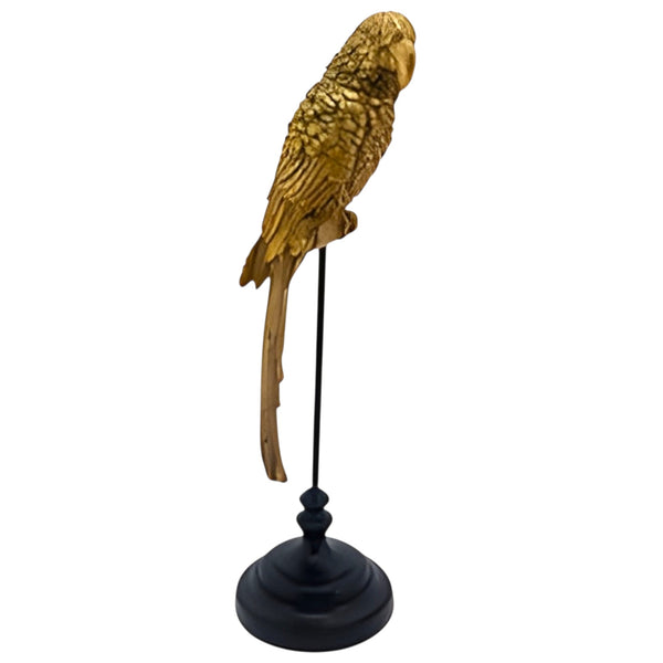 Large Antique Gold Parrot Bird Figurine Perched On Black Pedestal Stand