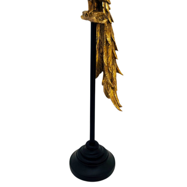 Extra Large Antique Gold Plated Peacock Figurine Perched On Black Pedestal Stand