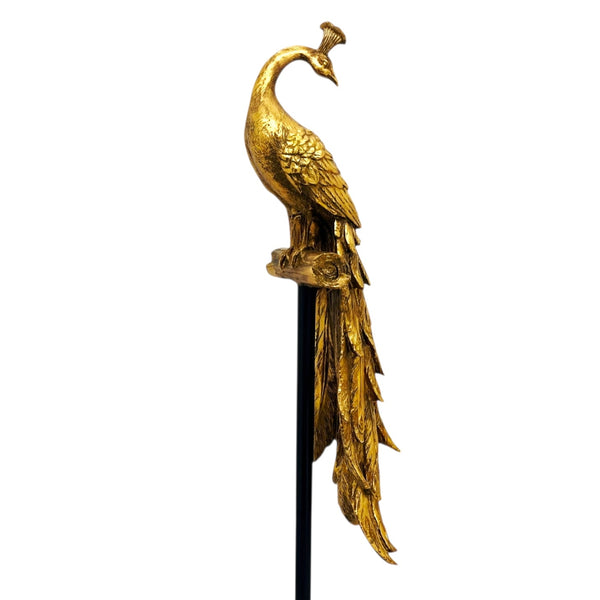 Extra Large Antique Gold Plated Peacock Figurine Perched On Black Pedestal Stand