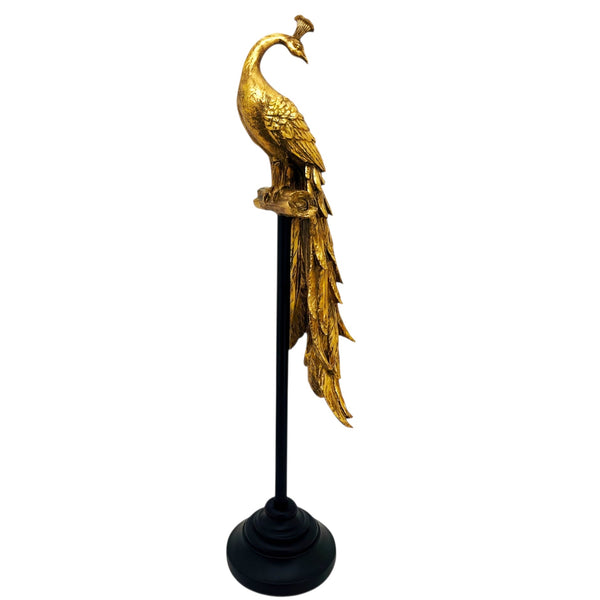 Extra Large Antique Gold Plated Peacock Figurine Perched On Black Pedestal Stand