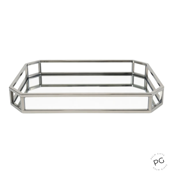 Large Silver Plated Rectangle Decorative Deluxe Slopped Edge Mirror Tray