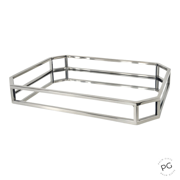 Large Silver Plated Rectangle Decorative Deluxe Slopped Edge Mirror Tray