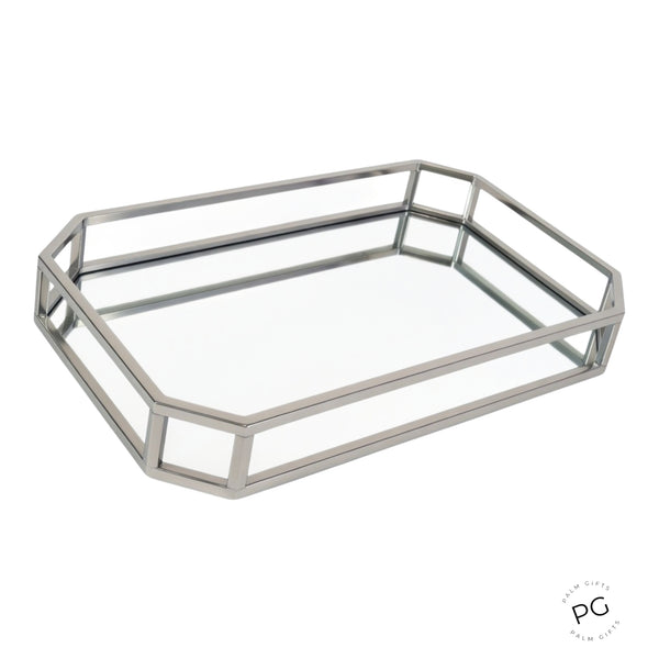 Large Silver Plated Rectangle Decorative Deluxe Slopped Edge Mirror Tray