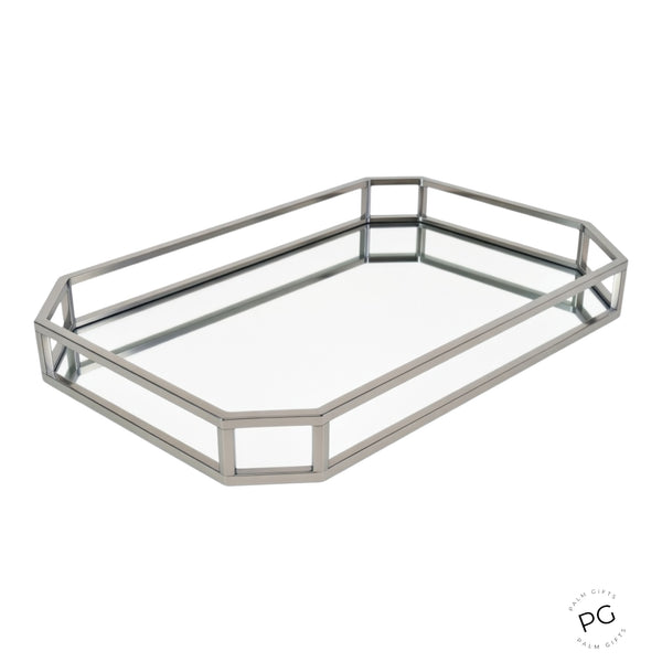 Large Silver Plated Rectangle Decorative Deluxe Slopped Edge Mirror Tray