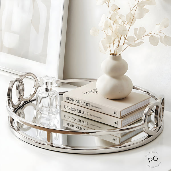 Large Silver Plated Round Decorative Deluxe Buckle Mirror Tray