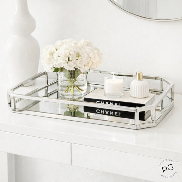 Large Silver Plated Rectangle Decorative Deluxe Slopped Edge Mirror Tray