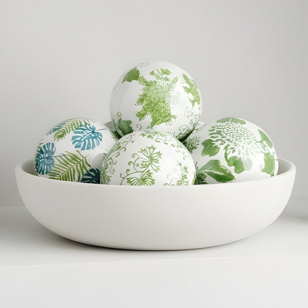 Set 6 Green & White Floral Design Ceramic Decorative Tabletop Balls