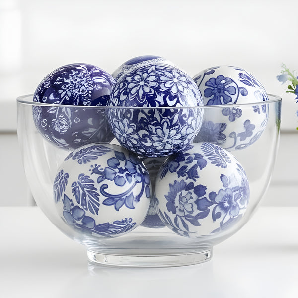 Set 6 Blue & White Floral Design Ceramic Decorative Tabletop Balls
