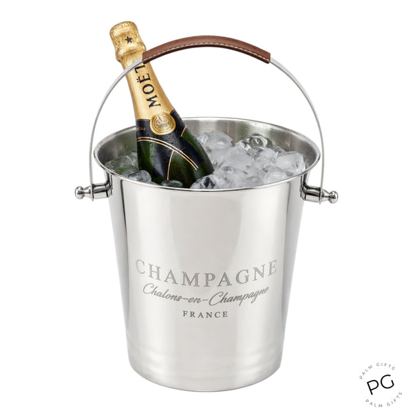 Shiny Silver Plated Champagne France Ice Cooler Bucket with Top Leather Handle
