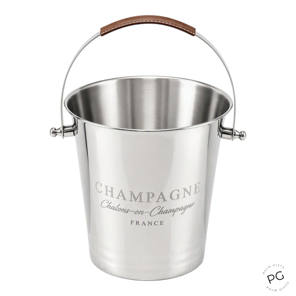 Shiny Silver Plated Champagne France Ice Cooler Bucket with Top Leather Handle