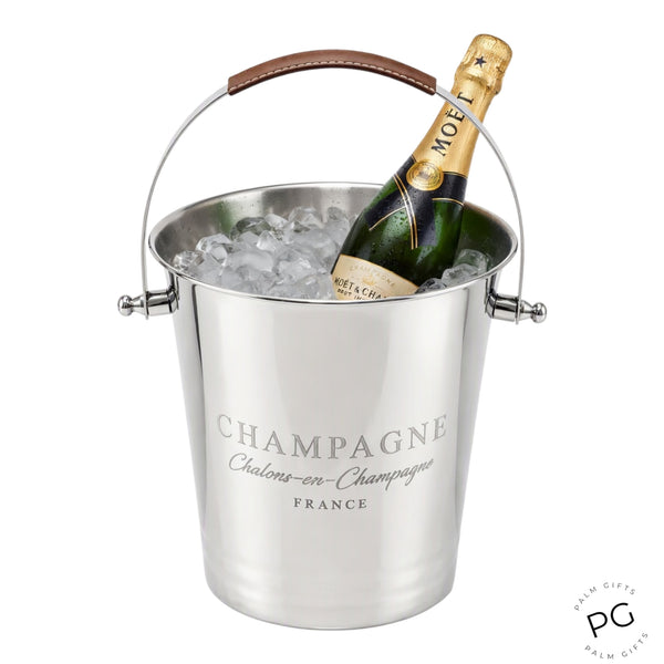 Shiny Silver Plated Champagne France Ice Cooler Bucket with Top Leather Handle