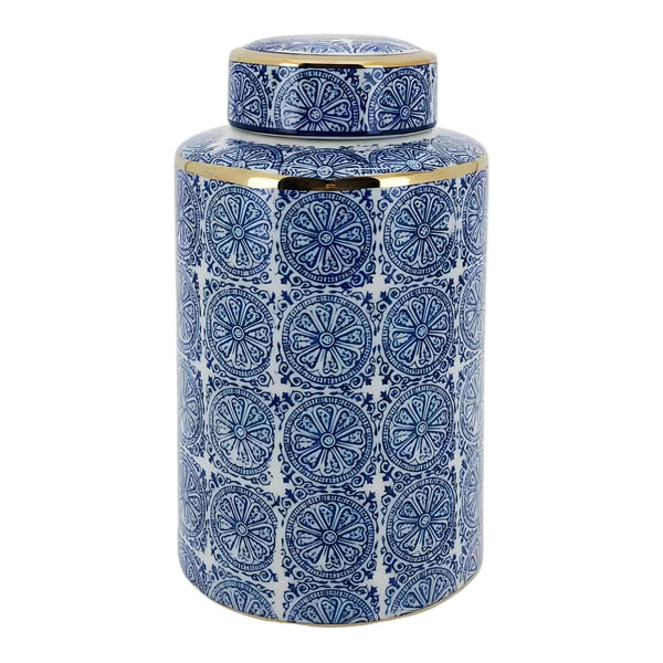 Hamptons Blue & Gold Trim Ceramic Decorative Tabletop Ginger Temple Jar