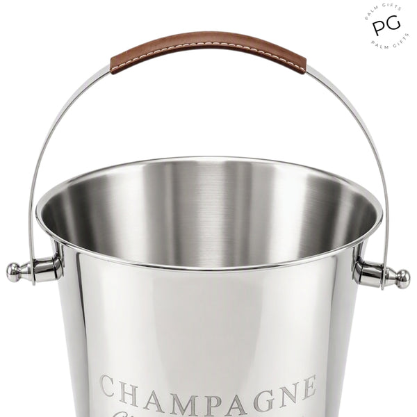 Shiny Silver Plated Champagne France Ice Cooler Bucket with Top Leather Handle