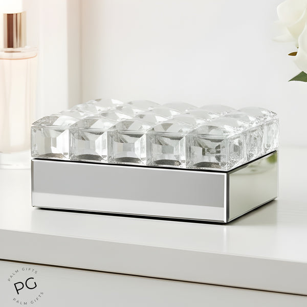 Silver Plated Rectangle Mirrored Jewellery Box & Sparkling Acrylic Jewels Lid
