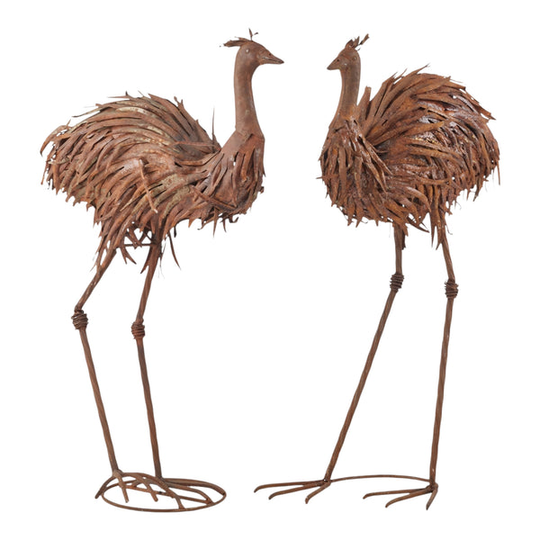 Set 2 Rustic Metal Couple Emus Outdoor Garden Statues Sculptures