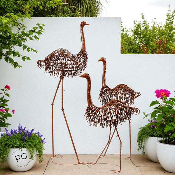 Set 3 Large Rustic Metal Ostrich Family Outdoor Garden Statues Sculptures