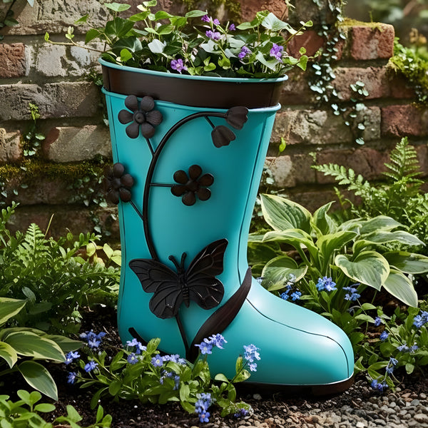 Blue Welly Gumboot with Decorative Flowers & Butterfly Outdoor Garden Planter
