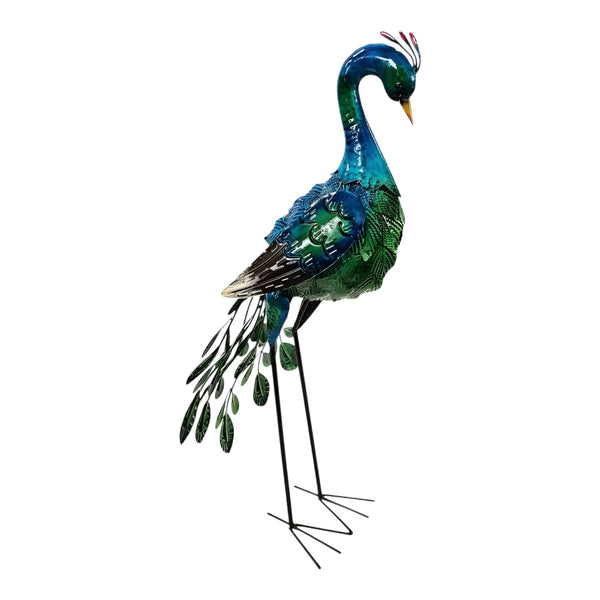 Colourful Blue & Green Standing Metal Peacock Outdoor Garden Statue Sculpture