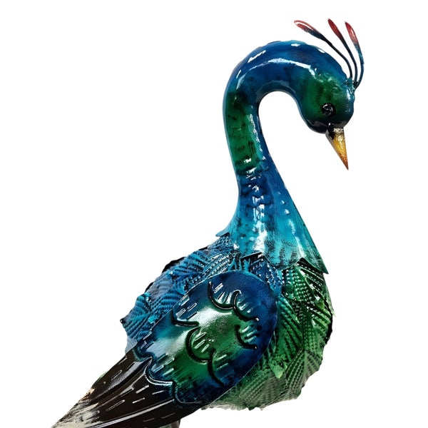 Colourful Blue & Green Standing Metal Peacock Outdoor Garden Statue Sculpture