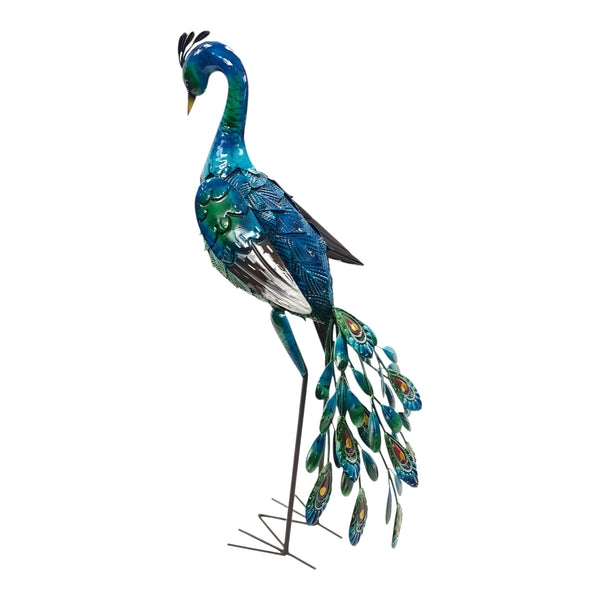 Colourful Blue & Green Standing Metal Peacock Outdoor Garden Statue Sculpture