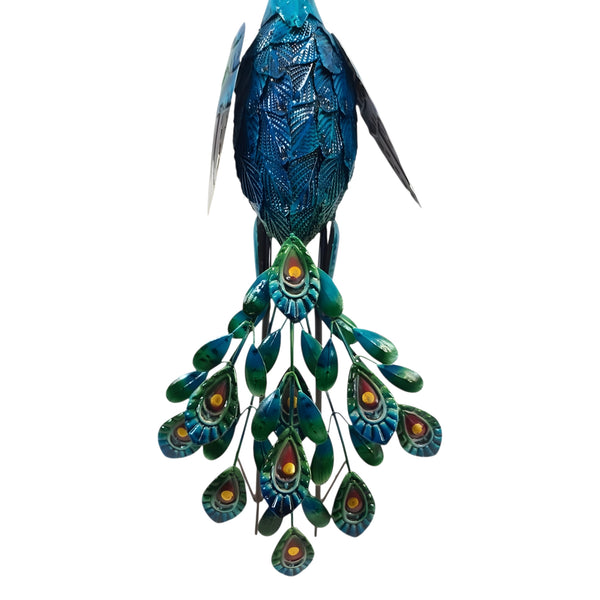 Colourful Blue & Green Standing Metal Peacock Outdoor Garden Statue Sculpture