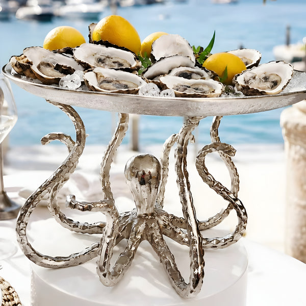 Large Round Silver Nickel Plated Octopus Serving Platter Tray