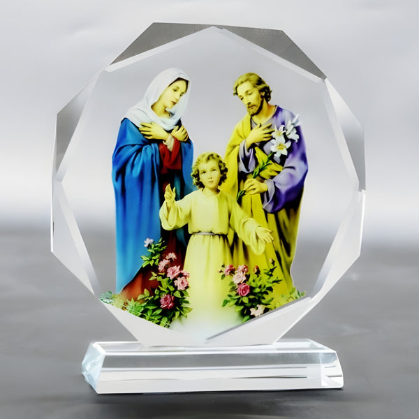 Catholic Round Crystal Cut Glass The Holy Family Icon Plaque Stand Ornament
