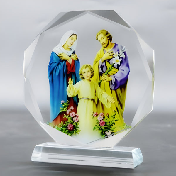 Catholic Round Crystal Cut Glass The Holy Family Icon Plaque Stand Ornament
