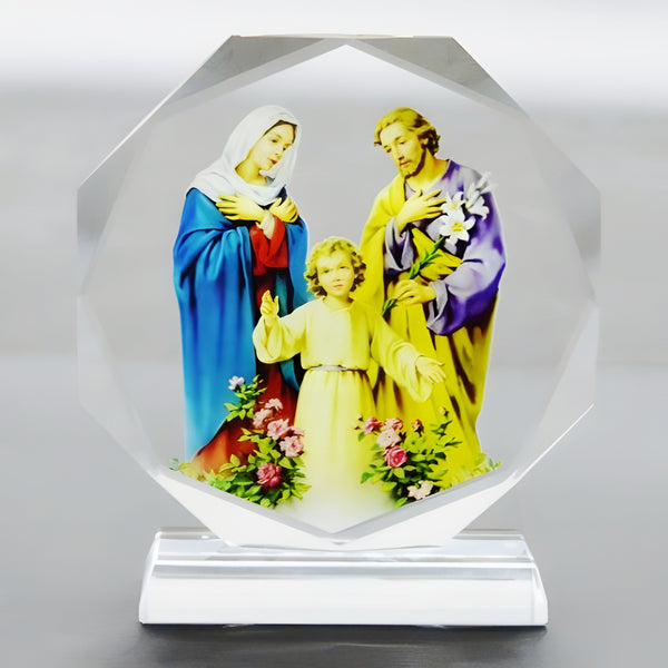 Catholic Round Crystal Cut Glass The Holy Family Icon Plaque Stand Ornament