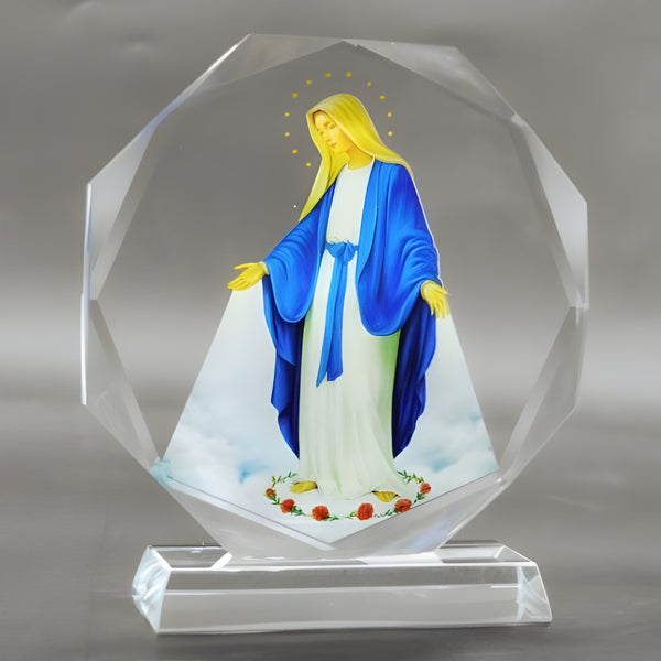 Catholic Round Crystal Cut Glass Blessed Holy Mother Mary Icon Plaque Stand Ornament