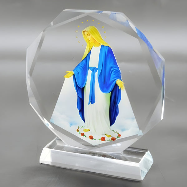 Catholic Round Crystal Cut Glass Blessed Holy Mother Mary Icon Plaque Stand Ornament
