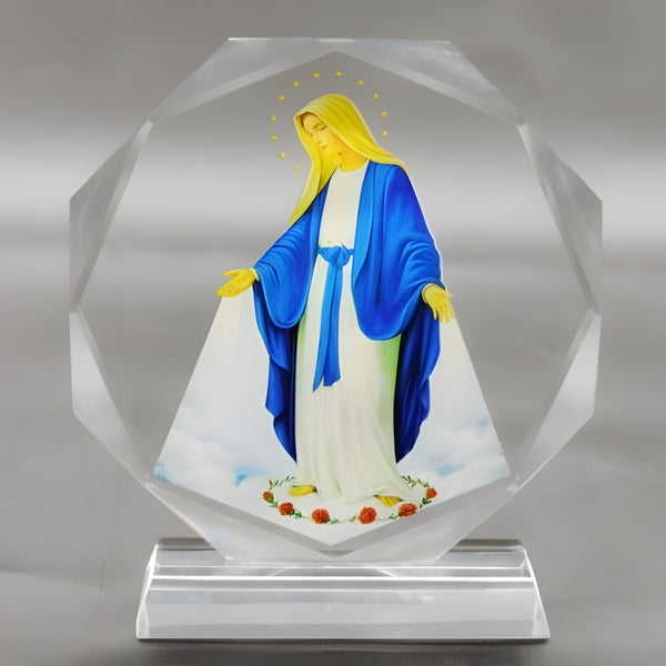 Catholic Round Crystal Cut Glass Blessed Holy Mother Mary Icon Plaque Stand Ornament