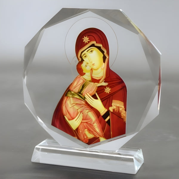 Orthodox Round Crystal Cut Glass Holy Mother Mary & Jesus Icon Plaque Stand Ornament