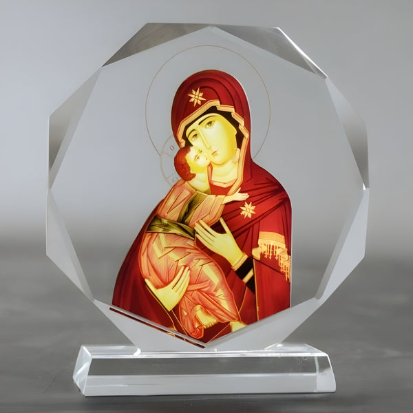 Orthodox Round Crystal Cut Glass Holy Mother Mary & Jesus Icon Plaque Stand Ornament