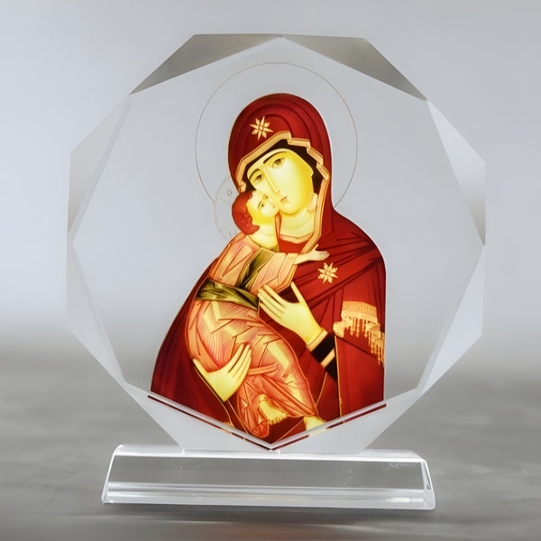 Orthodox Round Crystal Cut Glass Holy Mother Mary & Jesus Icon Plaque Stand Ornament