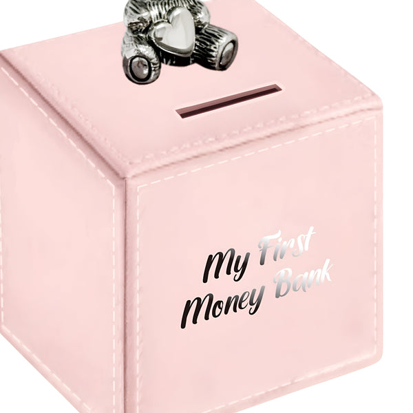 Pink Leather & Silver Teddy Bear Motif Baby Girl My First Money Bank Box