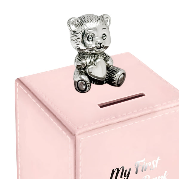 Pink Leather & Silver Teddy Bear Motif Baby Girl My First Money Bank Box